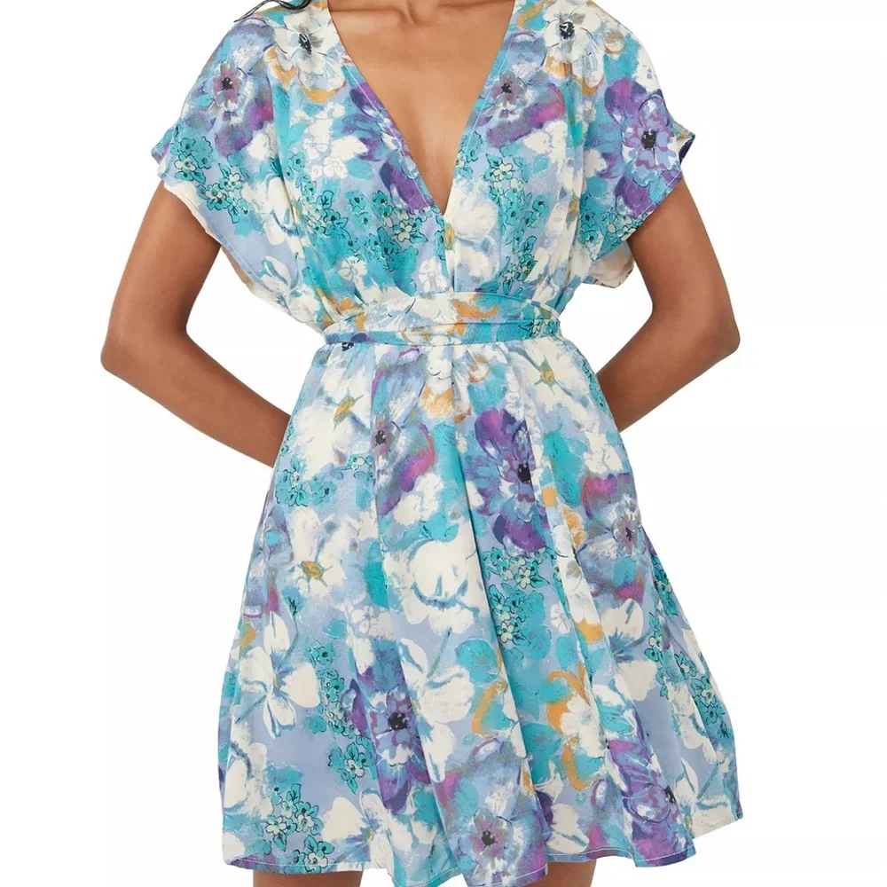 NWT Free People Freddy Floral Front Tie Mini Dress in Night Combo - Picture 2 of 10